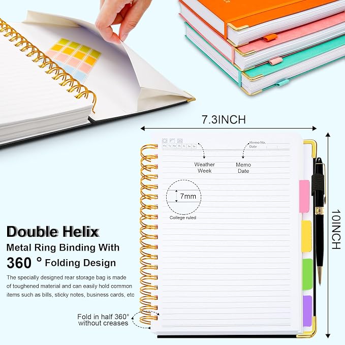 Hardcover Spiral Notebook 8"x10" Journal Notebook with Tabs and Removable Dividers 300 Pages 5 Subject Notebook College Ruled, Faux Leather Spiral Bound Notebook for Women School Work (Black)