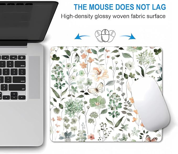 Cute Floral Mouse Pad Small, Sage Green Flower Mousepad, Wildflower Butterfly Mouse Pad for Laptop, Boho Vintage Colorful Square Mouse Mat for Wireless Mouse Office, 9.5x7.9 inch
