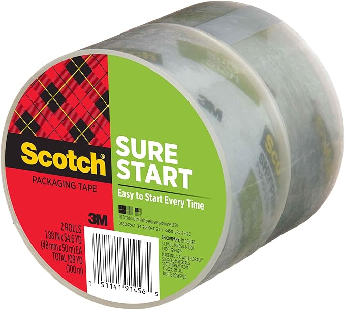 Scotch Sure Start Shipping Packaging Tape 1.88 x 54.6 yd Designed for Packing Shipping and Mailing Quiet Unwind No Splitting or Tearing 3 Core Clear 2 Rolls (3450-2)