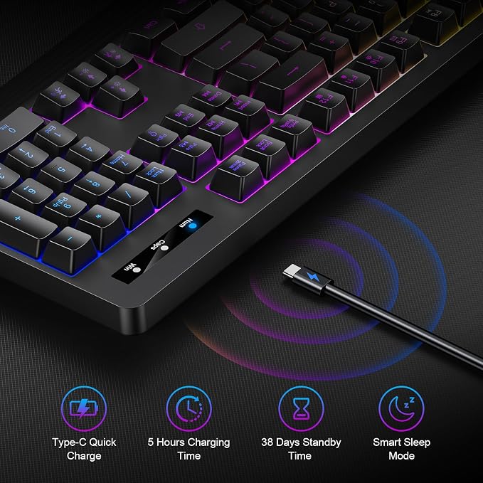 Wireless Gaming Keyboard, RGB Backlit Silent, Full-Size Waterproof Keyboard | RGB & Single-Color Backlit Silent Keys, Wrist Rest, Sleep Mode, Rechargeable 2.4G Wireless Computer for Windows/Mac/PC/Laptop