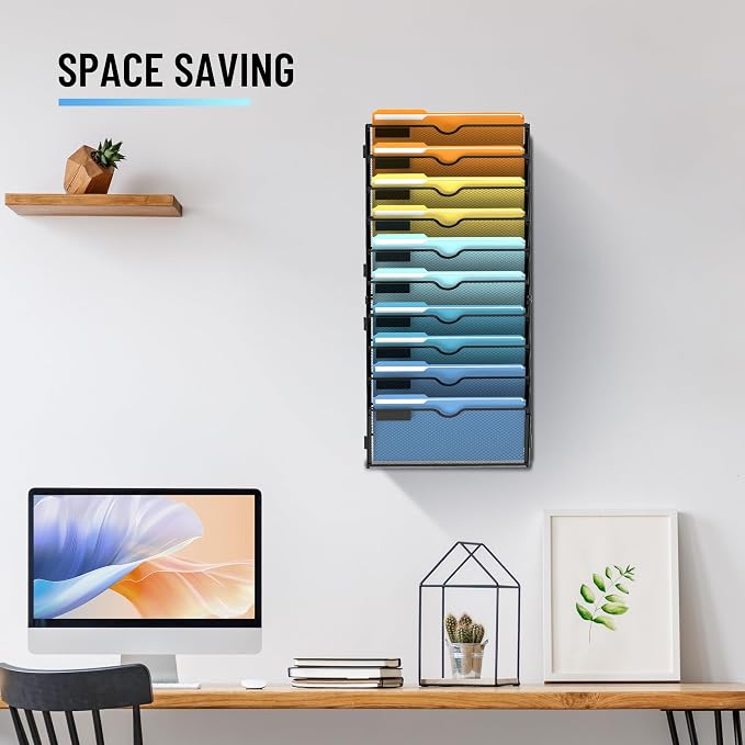10-Tier Hanging Wall File Organizer with Hooks, 2 Pack | Mesh Wall File Holder, Mail Organizer Wall Mounted for Papers, Documents, Folders and Magazines in Home Office, Classroom