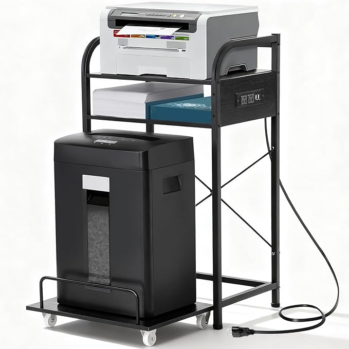 3-Tier Printer Stand with Shredder Shelf, 20" L x 14" W x 34" H, Floor-Standing Printer Stand with Power Outlet, Desk Side Printer and Shredder Stand with Storage, Black Office Storage Shelf Rack