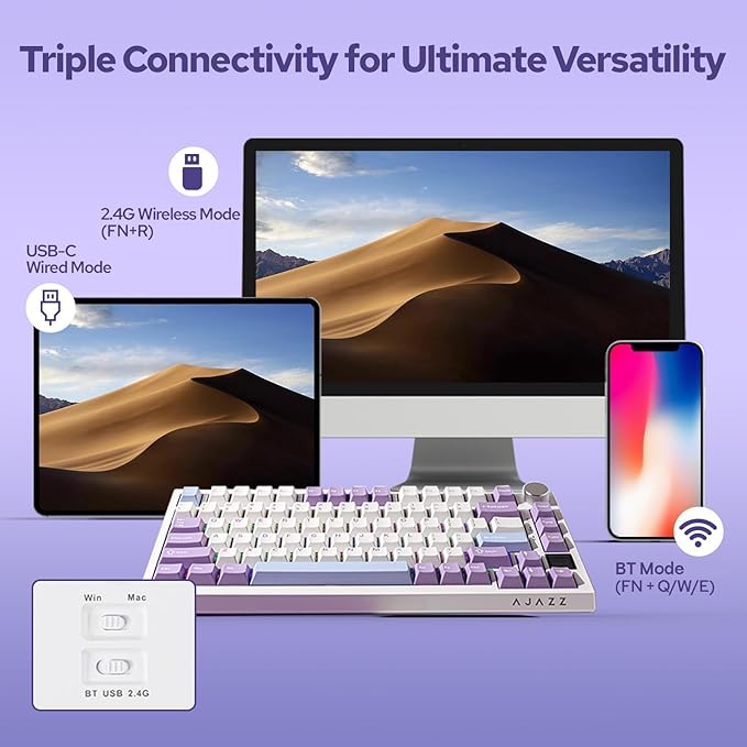 EPOMAKER Ajazz AK820 Pro 75% Wireless Mechanical Keyboard with TFT Smart Display&Knob, Gasket-Mounted Gaming Keyboard, BT/2.4GHz/USB-C Wired (Purple, Flying Fish Switch)