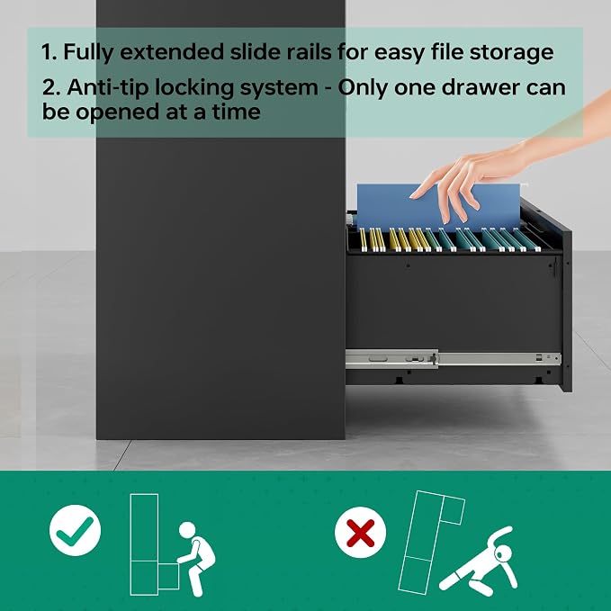 5 Drawer File Cabinet with Lock,Metal Lateral Filing Cabinets for Home Office Hanging Files Letter/Legal/F4/A4 Size(Black-Requires Installation)