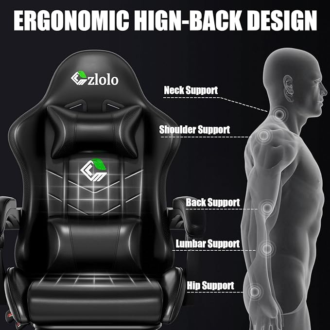 Gaming Chair, Ergonomic Office Computer Chair with Footrest and Lumbar Support Massager Racing Style High Back Video Gamer Chair, Wide＆Thick Cushion, 90°-135° Recline, Adjustable Height, Black