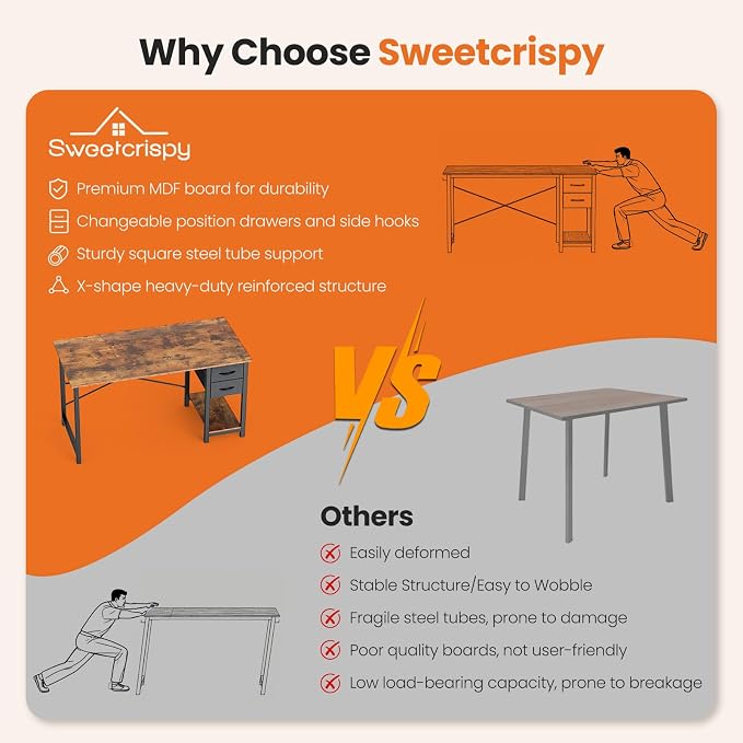 Sweetcrispy 47-Inch Computer Desk with Drawers, Office Desk, Brown | Small Desk for Bedroom Home Office with Side Hook, Modern Simple Desk with Storage for Writing