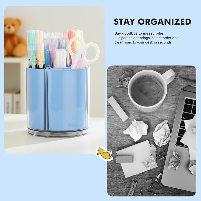 Comix Pen Holder for Desk, 360° Rotating Pencil Holder with 5 Slots, Cute Blue Plastic Desk Organizer for Home School Office Supplies