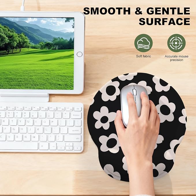 Cute White Flowers Mouse Pad with Gel Wrist Support, Smooth Surface Ergonomic Mouse pad, Non-Slip Pain Relief Desk Mat for Gaming, Work & Office Desktop