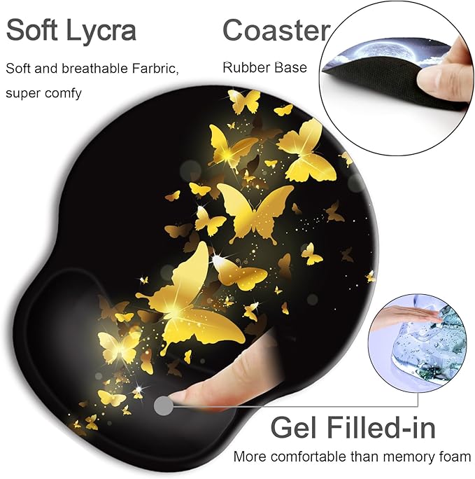 Ergonomic Mouse Pad with Wrist Support Rest,Large Mousepad Gel Wrist Rest, with Coaster Non-Slip & Pain Relief for Computer, Desk, Home&Office-Golden Butterflies