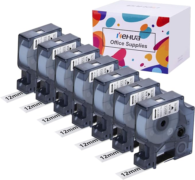 Hehua 7Pack 12mm Compatible with Dymo D1 45013 Label Maker Refills S0720530 | 1/2 inch; 12mm label;Dymo D1 45013; Black ink on White; For Label Manager 160 280 450 210D 360D 420P 260P 450D