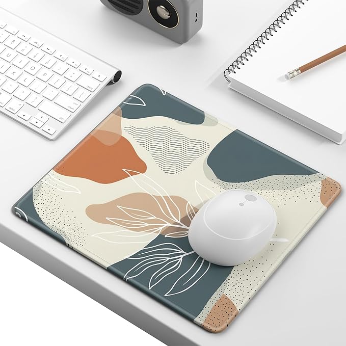 Mouse Pad, Minimalism Marble Style Computer Pad, Anti-Slip Rubber Mouse Mat with Stitched Edges for Gaming, Office, Laptop, PC, Women, 9" x 8" Thick 3 mm, Boho Leaves