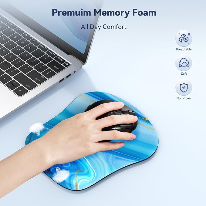 TECKNET Mouse Pad with Wrist Support, Ergonomic Gaming Mouse Pad Pain Relief, Portable Comfortable Mousepad for Computer, Laptop, Office, Home - Non-Slip Base, Waterproof Surface - Light Blue