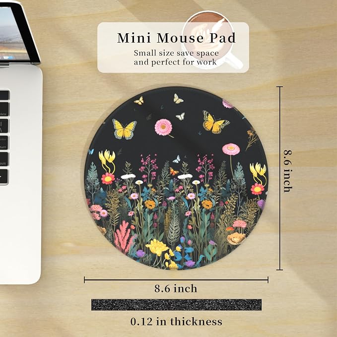 Hancynir Butterfly Floral Round Mouse Pad, Small Mousepad for Laptop Desk | Mouse Mat for Computer, Non-Slip Rubber Base, Office Desk Decor, Gifts for Work Coworker Teacher, 8.6 Inch, Stitched Edges