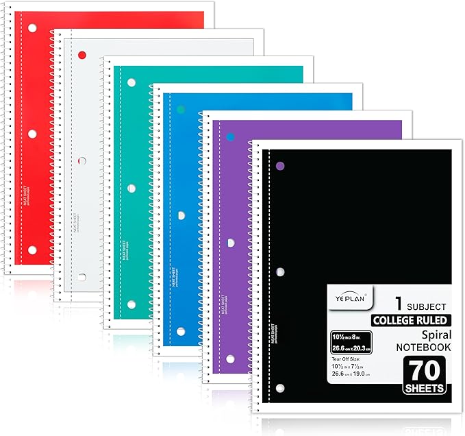 Yeplan Spiral Notebooks 6 Pack, College Ruled Notebook Paper, 1 Subject Notebook for School & Work, 8" x 10-1/2", 70 Sheets per Notebook, 6 Assorted Colors