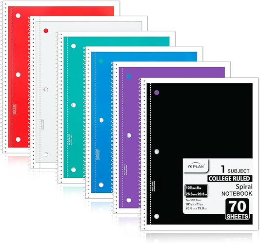Yeplan Spiral Notebooks 6 Pack, College Ruled Notebook Paper, 1 Subject Notebook for School & Work, 8" x 10-1/2", 70 Sheets per Notebook, 6 Assorted Colors