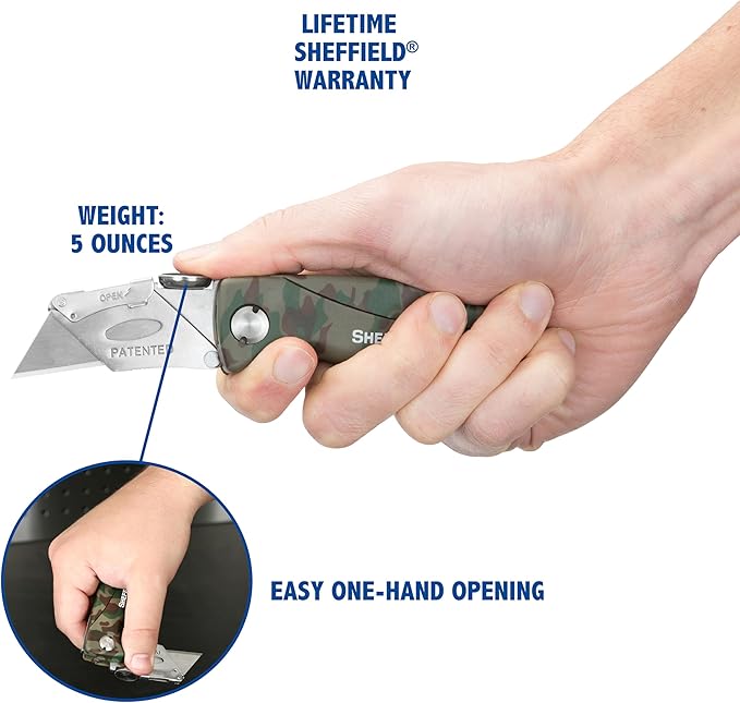 Sheffield Folding Utility Knife, Accepts Standard Utility Knife Blades, Box Cutter, Razor Blades Included, For Home, Office, Trades, and Warehouse