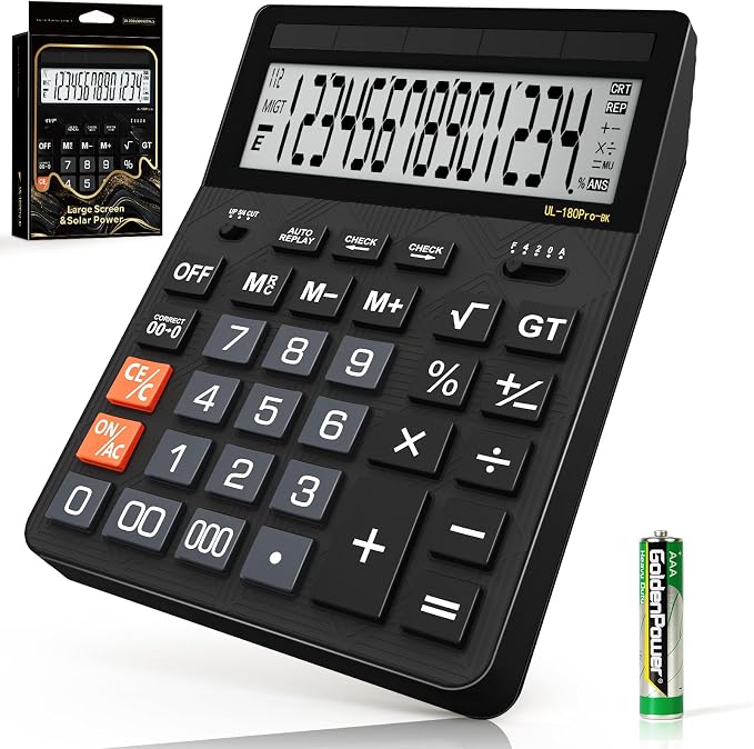 Calculators Desktop, 2026 Upgrade 14 Digit Large Size Calculator with 5-Inch LCD Display and Solar Power, Office Calculator for Desk (Black)
