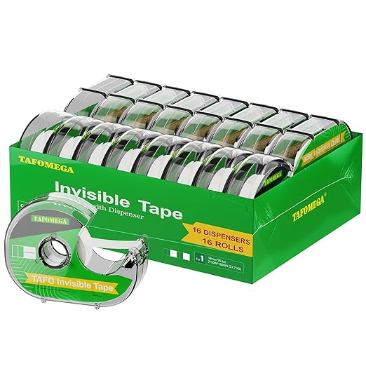 Invisible Clear Tape Gift Wrapping, 16 Pack with Dispenser Frosted Writable Transparent Tape for School, Office, Craft - 7/10" x 1000"