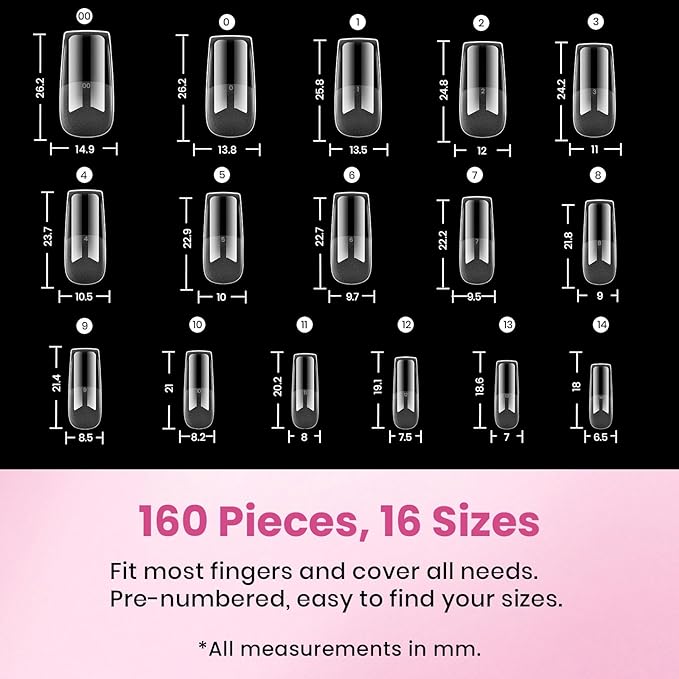 Beetles Gel Nail Tips Flat-X - Square Medium, 160pcs 16 Sizes, Pre-Etched Half Matte Full Cover Soft Acrylic False Nail Tips Clear Press on Easy DIY Extension Salon for Flat & Natural Nail Beds