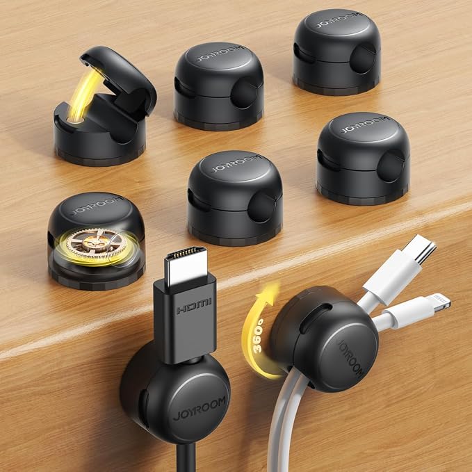 JOYROOM 8 Pack Magnetic Cable Clips, 360° Swivel Cord Organizer Wire Holder | Strong Adhesive Rotatable Cable Management Accessories for Home Nightstand Phone Charger Car Wall Office Desk Organization
