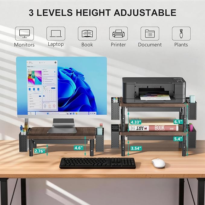 WALI Computer Monitor Stand with Storage and Pen Holder | 3 Height Adjustable Desk Organizer with Drawer, Desk Laptop Monitor Riser for Computer, Printer(PTT003-C), 1 Pack, Brown
