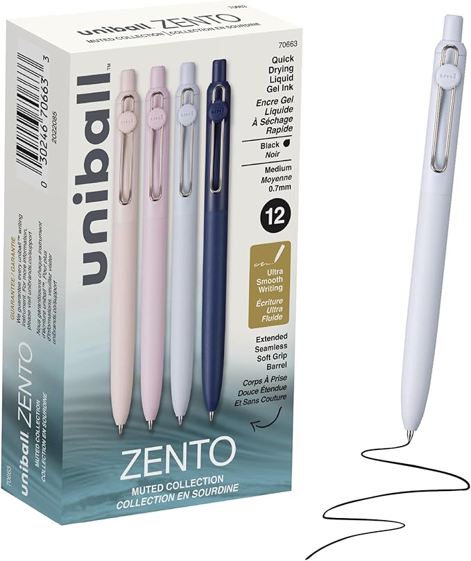 uniball™ Zento Gel Pens, Black Ink, 0.7mm Medium Point, 12 Count | Retractable, Smooth Writing, Quick-Drying, No Smear, No Bleed, Muted Barrel Colors