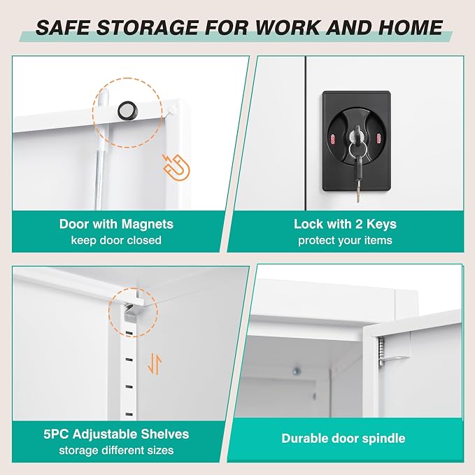 Small Metal Cabinet with Shelves,36 inch Garage Storage Cabinet with Lock,White Metal Storage Cabinets with Locking Doors,Lockable Office File Cabinets for Home,Office,Shop,Garage