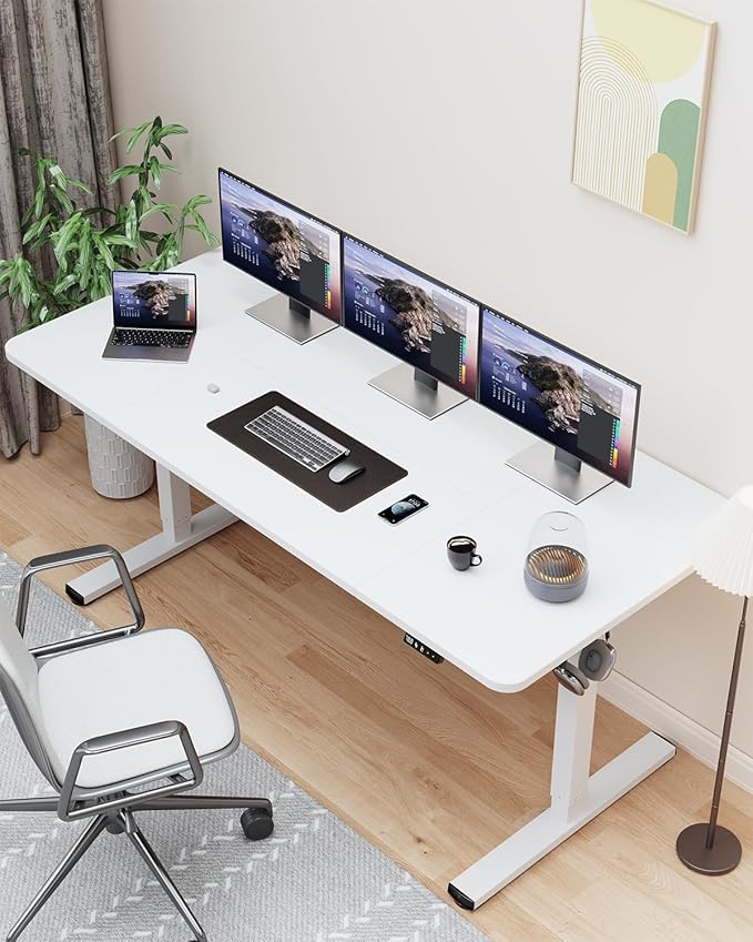 Standing Desk, Large Height Adjustable Electric Stand up Desk, 63 x 24 Inches Sit Stand Home Office Desk, with Splice Board, White Frame/White Top