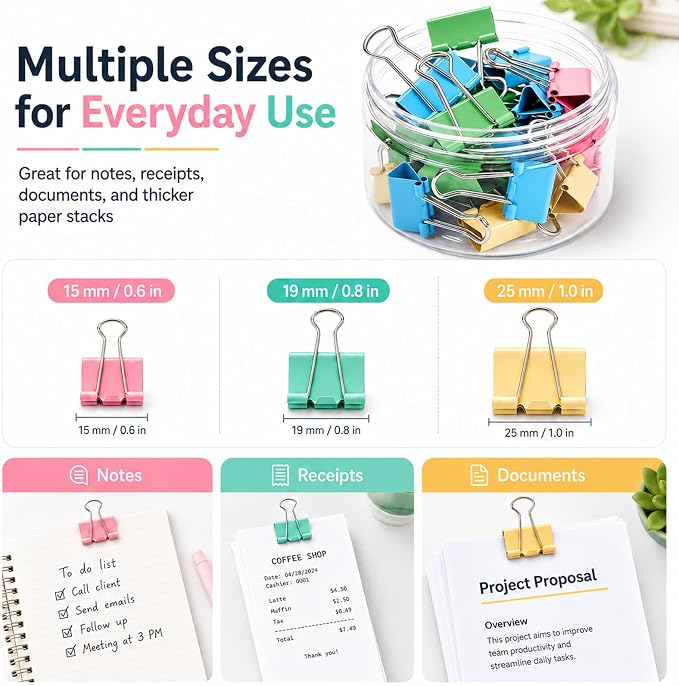 Binder Clips Assorted Sized, Metal Clips for Office, 60 Psc | 1 Box of Colored Paper clips and Binder Clips, Cute Office Supplies, Desk Accessories, Black, Colorful