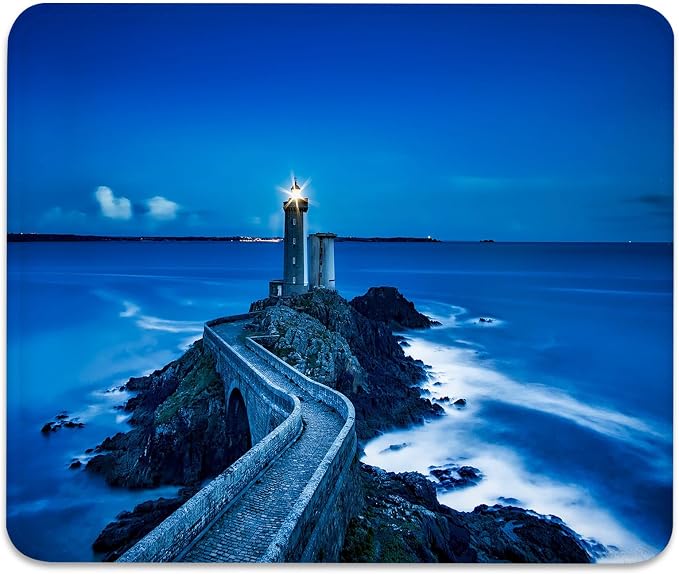 Coastal Lighthouse Blue Ocean Scenery Mouse Pad, Cute Durable Desk Mat | Night Scenic Design, Mousepad Stitched, Anti-Slip Base Smooth Surface, 9.5 x 7.9 Inches