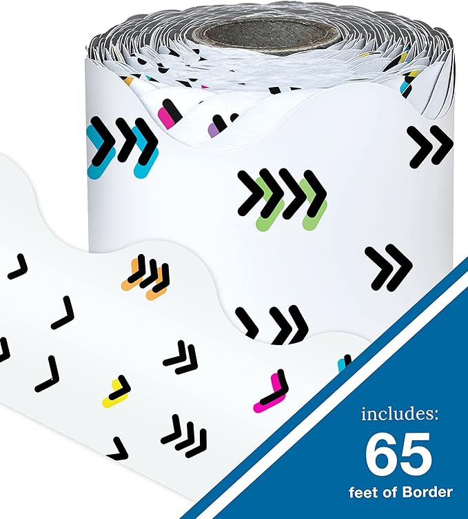 Carson Dellosa Kind Vibes 65Ft of Doodle Rainbow Bulletin Board Borders, 1 Roll of Boho Scalloped Trim for Rolling Whiteboard, Posterboard, Party Decorations, and Classroom Décor