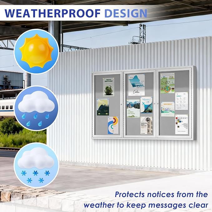 SWANCROWN 70x43 in Outdoor Bulletin Board Wall Display Board, Grey Felt | Enclosed, Weatherproof, Shatter Resistant, Silver Aluminum Frame, Notice Board for Office School Business Community
