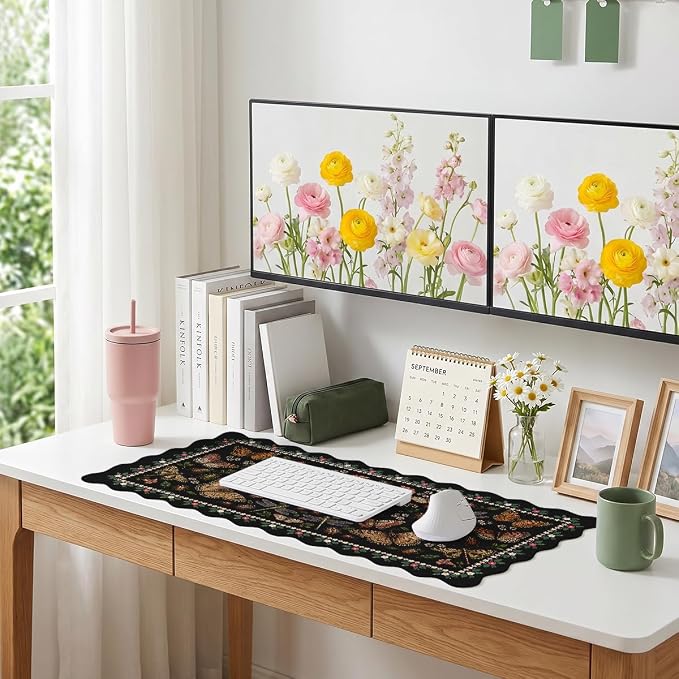 Vintage Butterfly Garden Scalloped Mouse Pad Dragonfly Ladybug Beetle XL Mouse Pad Large Mousepad Extended Laptop Keyboard Mat Gaming Desk Pad Office Computer Keyboard Laptop Home 31.5"x15.7"