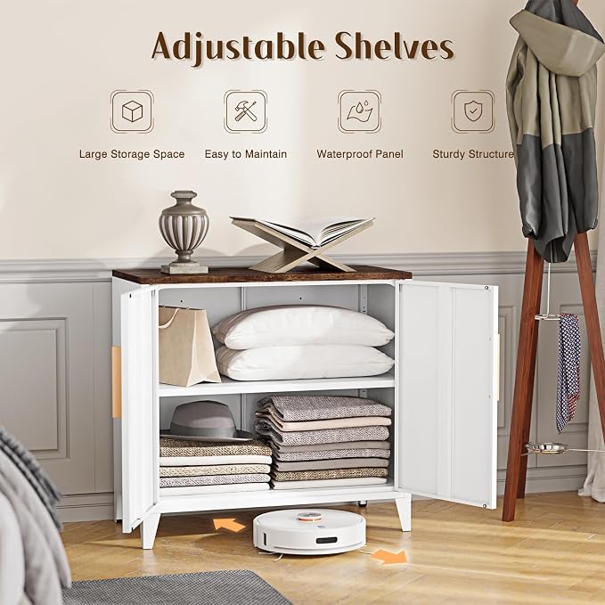 Metal Storage Cabinet with 2 Doors and Shelves 16" Dx 32" Wx30 H,Small Buffet Sideboard Short Cabinet for Kitchen Dining,Office Credenza Locker Modern Coffee Bar,Entryway Bathroom(White)