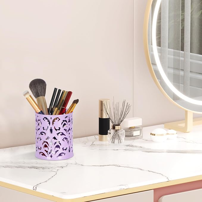 EasyPAG Purple Pen Holder for Desk, 2 Pack Round Pen Organizer, Brush Holder for Vanity, Metal Pencil Cup Organizer for Home, Office, Classroom, School