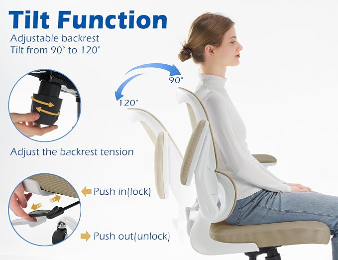 TRALT Ergonomic Office Chair Desk Chair with Adjustable Lumbar Support | Desk Chair Comfy with Flip-up Armrests Ergonomic Chair - Mesh Computer Chairs for Adults, 330lbs, PU Leather (Khaki, 1)