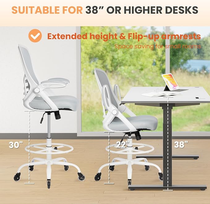Drafting Chair Tall Office, Ergonomic Standing Desk Stool Adjustable Drafting Chair Big Tall Drafting Office Chair White