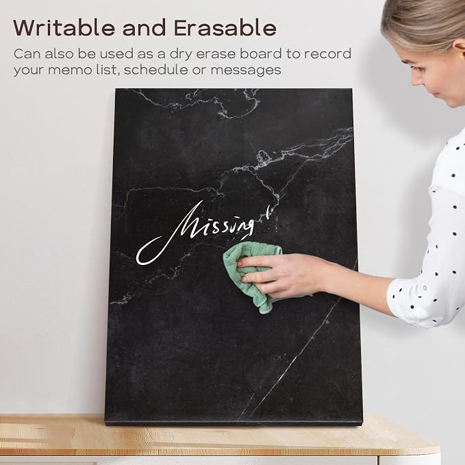 Decorative Magnetic Board for Wall, 24''x18'' Dry Erase Board, Black Marble | Magnet Board, Display Board, Wall Mounted, for Home, Office, Kitchen, 2 Markers, 6 Magnets