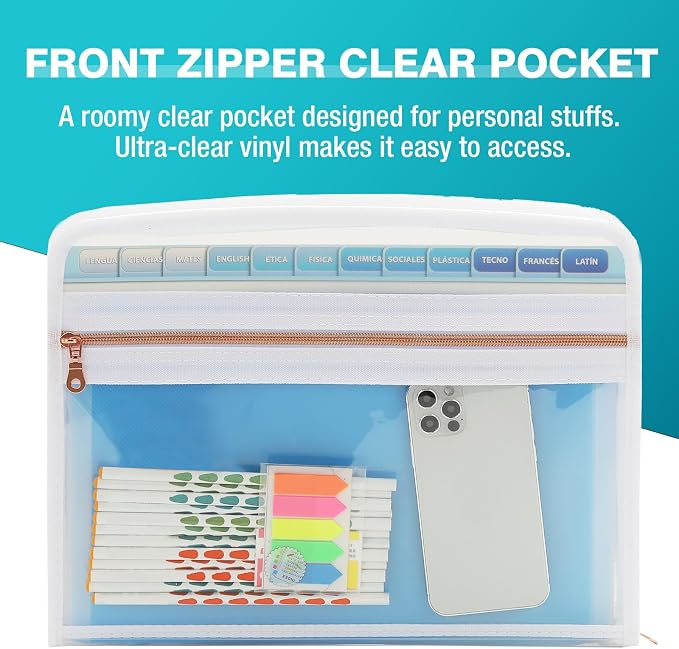 H4D 13 Pocket Expanding File Folder Organizer, Blue, 8.5-x-11-inch | Zippered, Front Clear Pouch, Letter Size Paper, A4 Paper, Fit for Documents