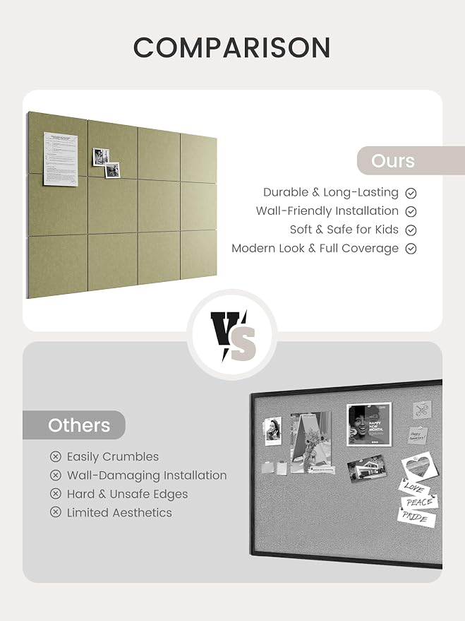Bumusty 48" x 36" Large Cork Board Alternative, Olive Green | 12-Pack Felt Bulletin Board Tiles, 60 Adhesive Tabs, 30 Pushpins, Home, Office, Classroom, Vision Board