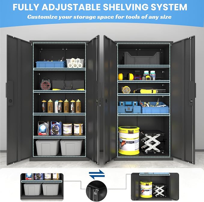 Metal Garage Storage Cabinet, 72" Tall, Black | With Lock, Steel Storage Locker, 4 Adjustable Shelves, Heavy Duty