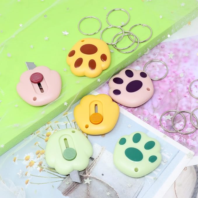 Honbay 6PCS Creative Cute Cat Paw Mini Utility Knives Portable Art Knife Retractable Envelope Knife Letter Opener Carton Opener Box Cutter with Hanging Hole - 12PCS Key Rings as Gift