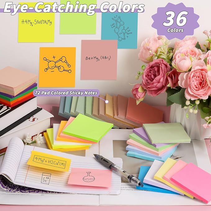 72 Pack Sticky Notes Bulk 3x3 Inch 36 Colors Colorful Memo Pads | 50 Sheets Per Pad, Self Stick Notes, Adhesive Paper, Office, School, Home, Meetings, Planning, Reminders, Organization