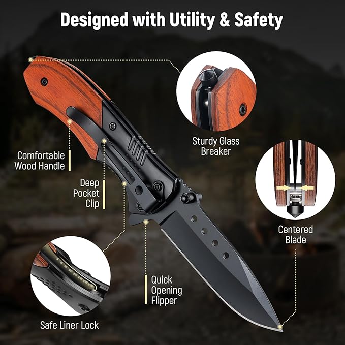 Pocket Knife for Men - Sharp Blade Wood Handle Pocket Folding Knives with Clip, Glass Breaker - EDC Knives for Survival Camping Fishing Hiking Women, Small, Black