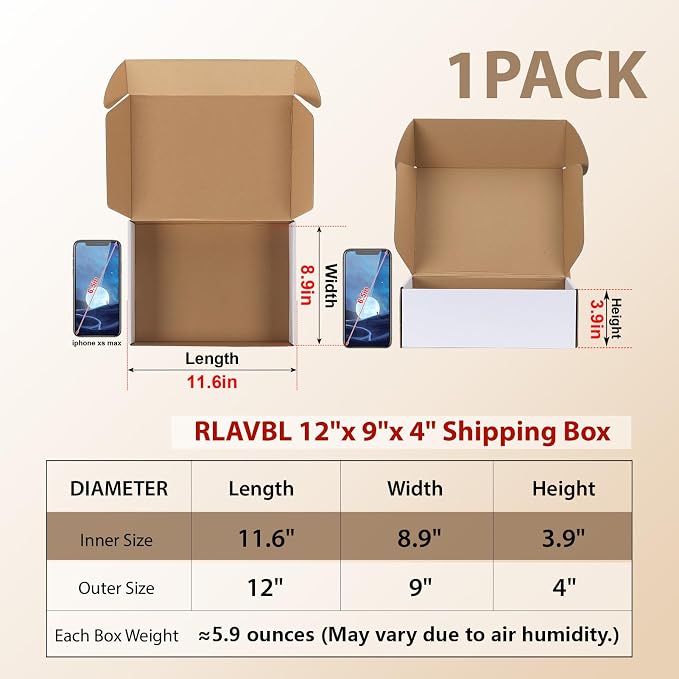 RLAVBL 12x9x4 Shipping Boxes Set of 1, White Corrugated Cardboard Box for Packing, Mailing, Business