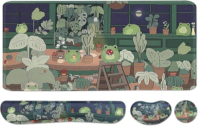 Cute Frog 4 in 1 Large Mouse Pad Set, Kawaii Extended Mouse Pad Set Desk Pad Easy Typing for Typing Office Game 35.4 x15.7 in - Kawaii Frog