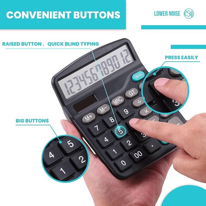 LICHAMP Desk Calculators with Big Buttons and Large Display, Office Desktop Calculator Basic 12 Digit with Solar Power and AA Battery (Included), 6 Bulk Pack (Pack of 2)