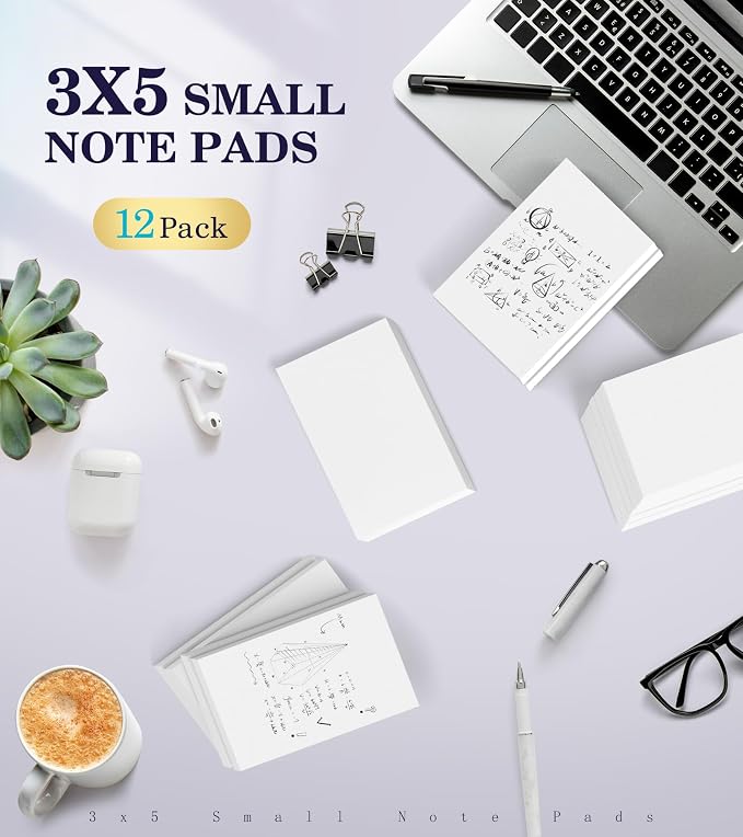 Note Pads 3x5 Small Memo Pads, 12 Pack Server Note Pads, Scratch Pads 3x5 | Mini Note Pad White Paper 3''x5'', 50 Sheets per Blank Notepads, Small Writing Pads 3x5 for Office School Home Supplies