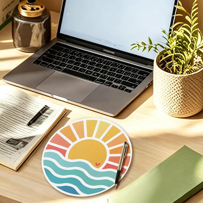 Boho Sunset Ocean Waves Beach Round Mouse Pad 7.9x7.9in | Beach Office Decor,Nautical Coastal Sun Mousepad Mouse Mat for Computer Laptop Home Office Dorm Desk Accessories