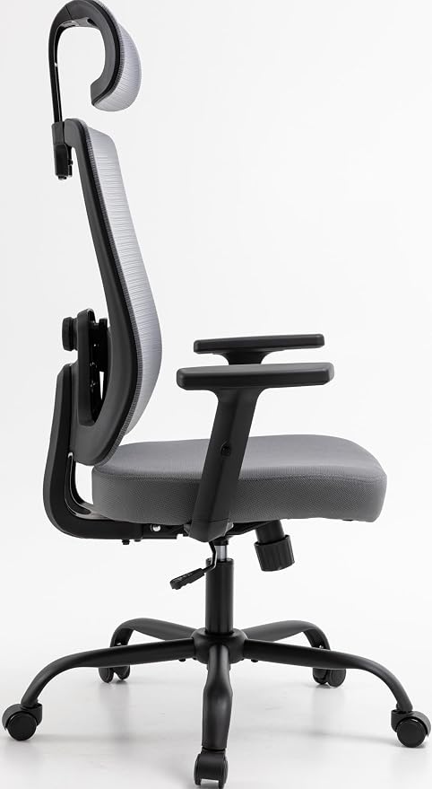 Shintenchi Mesh Office Chair, Ergonomic Home Office Desk Chair with Adjustable Lumbar Support, Headrest, 90°-135° Tilt, Computer Chair for Home Office, Gray Task Chair